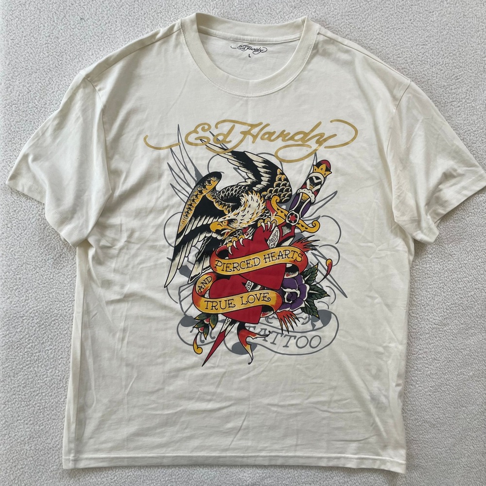 New Ed Hardy Mens Large T-Shirt Cream Pierced Hearts True Love Eagle Tattoo